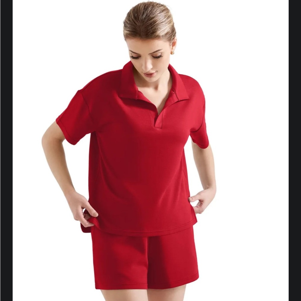 NWOT $70 SUUKSEES Modal Polo Athleisure Lounge Shorts Set Bright Red Size Small